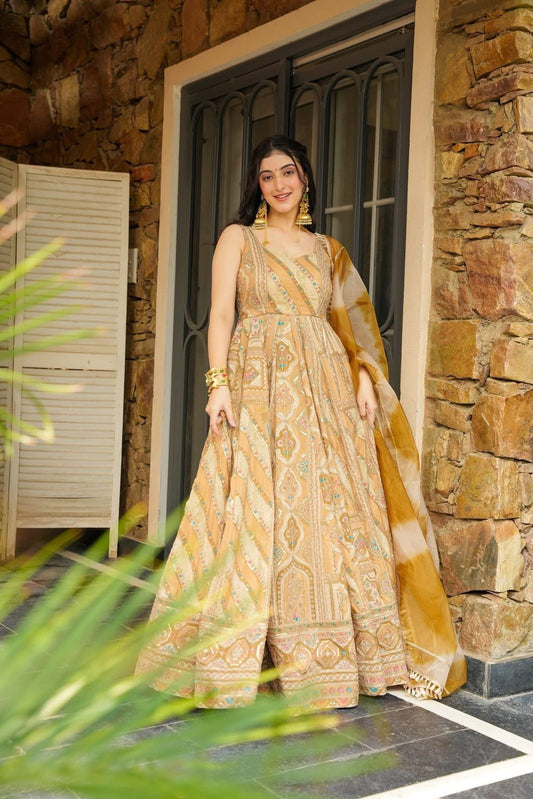 Trendy Peach Organza Digital Print Gown