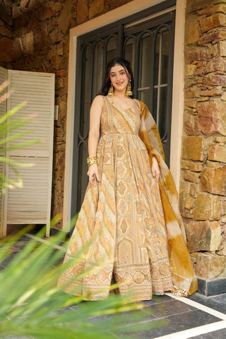 Trendy Peach Organza Digital Print Gown