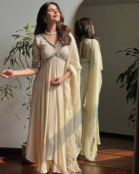 Designer Embroidery Chikankari Work Off White Color Gown