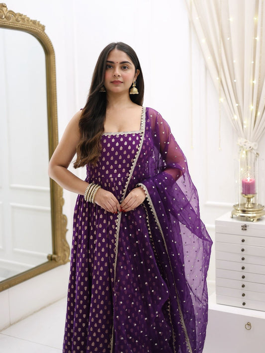 Designer Jacquard Silk Purple Color Gown With Dupatta