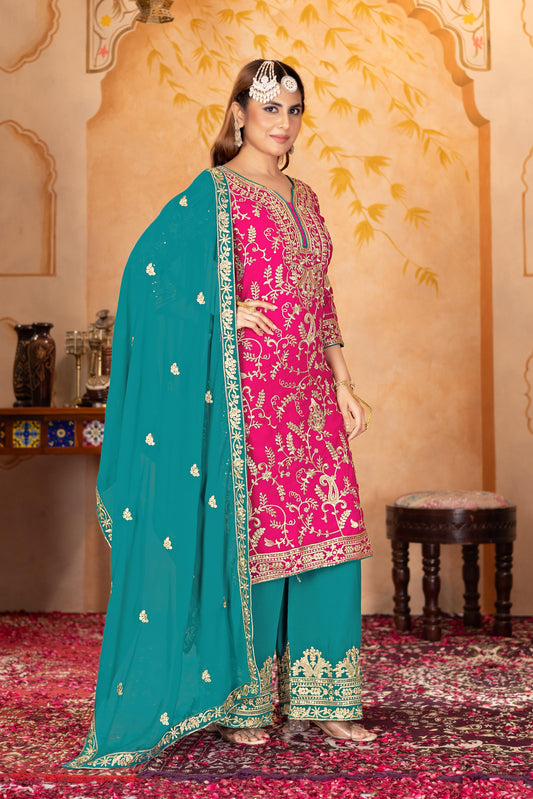 Classic Heavy Work Pink Color Palazzo Suit