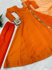 Preferable Orange Color Plain Gown With Work Net Dupatta