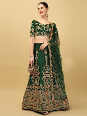 Dark Green Color Sequence & Embroidery Work Silk Lehenga Choli