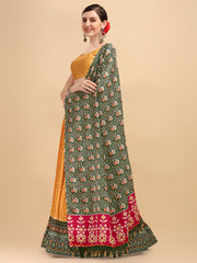 Awesome Green & Orange Color Digital Printed Crushed Lehenga Choli