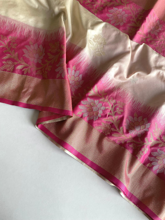 Pretty Tone Silk Cream & Pink Color saree