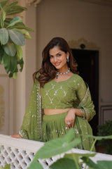 Traditional wear Embroidery Sequence Work Green Color Lehenga Choli