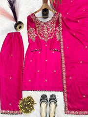 Pink Color Embroidery Work Stylish Straight Suit Set