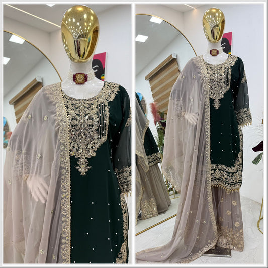 Decent Georgette Green Color Sharara Suit