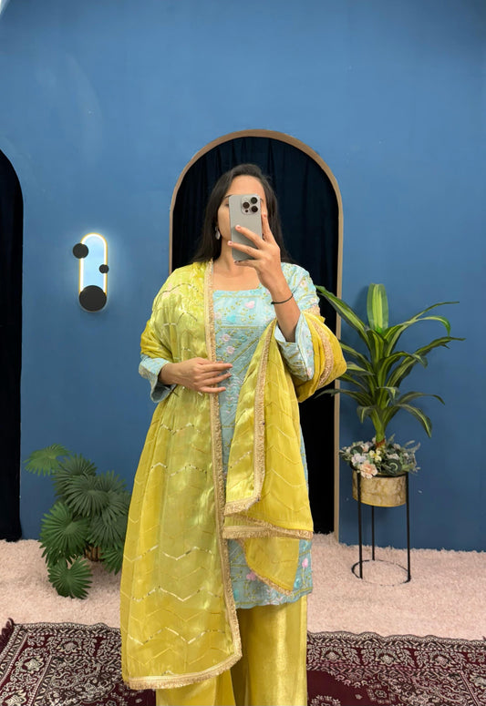 Imposing Jimmy Choo Sky Blue & Yellow Color Palazzo Suit