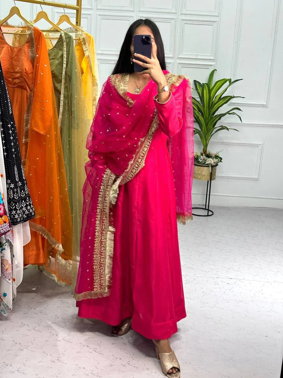 Elegant  Pink Color Plain Gown With Work Net Dupatta