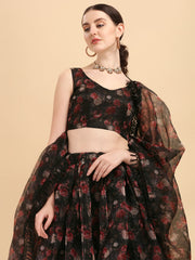 Printed Black Color Beautiful Organza Lehenga Choli