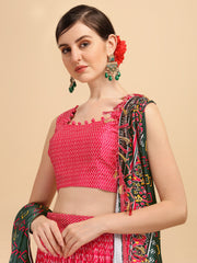 Pink & Dark Green Color Digital Printed Crushed Lehenga Choli