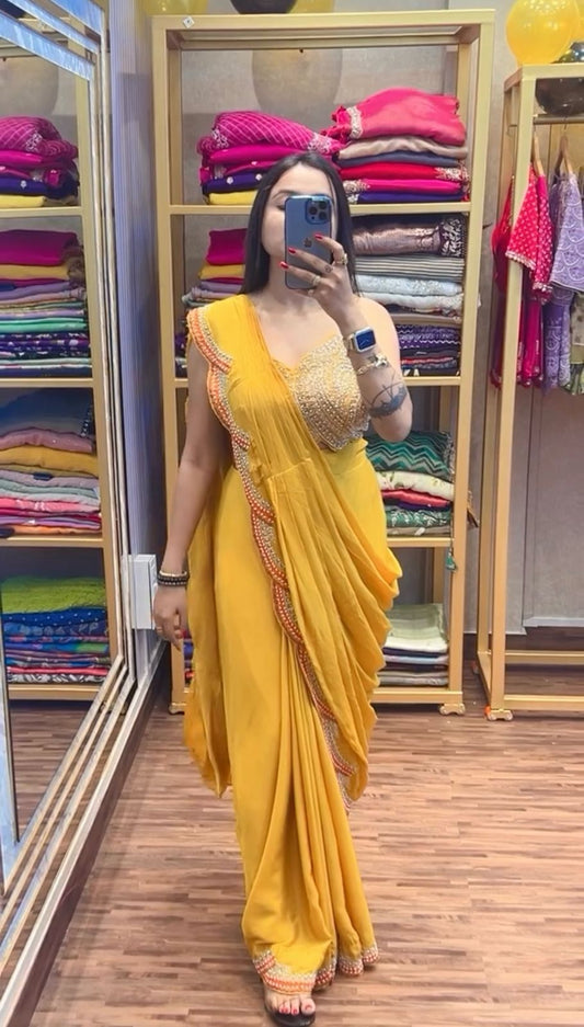 Designer Embroidery Work Yellow Color Ready To Wear Saree With Koti
