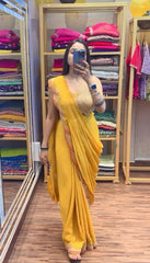 Designer Embroidery Work Yellow Color Ready To Wear Saree With Koti