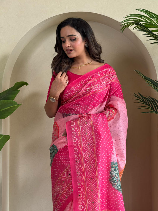 Adorable Bandhani Print Pink Color Saree
