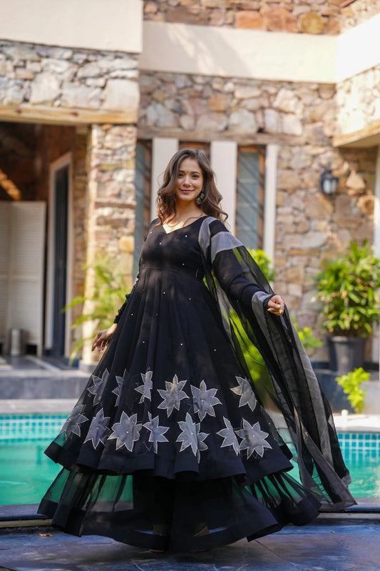 Wonderful Black Georgette Handpainted Anarkali Suit