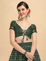 Digital Printed Dark Green & White Color Crushed Lehenga Choli