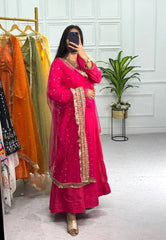 Elegant  Pink Color Plain Gown With Work Net Dupatta