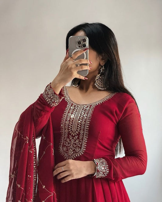 Outstanding Embroidery Sequence Work Red Color Gown