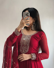 Outstanding Embroidery Sequence Work Red Color Gown