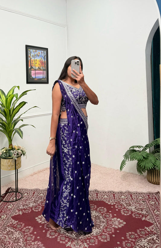 Party Wear Embroidery Work Navy Blue Color Palazzo Set