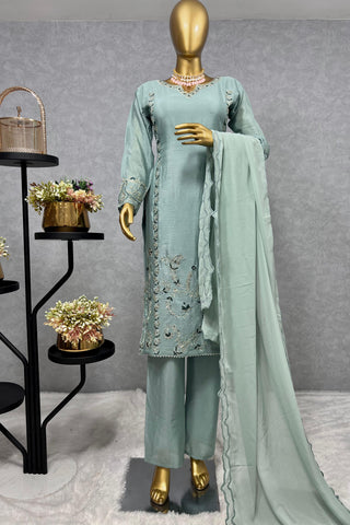 Preferable Thread And Sequence Work Teal Blue Color Salwar suit