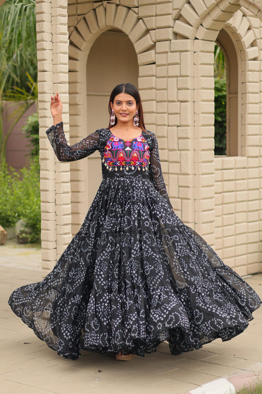 Ravishing Black Georgette Embroidery Work Gown For Navratri Wear