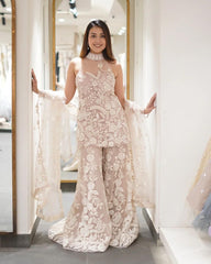 Shining Embroidery Work Pink Color Palazzo Suit