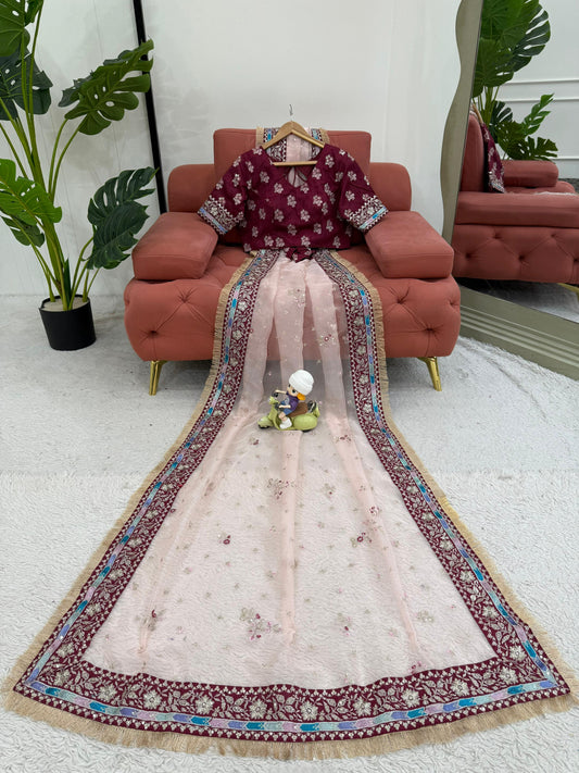 Peach Color Organza Silk Wedding Saree
