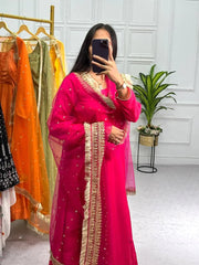 Elegant  Pink Color Plain Gown With Work Net Dupatta