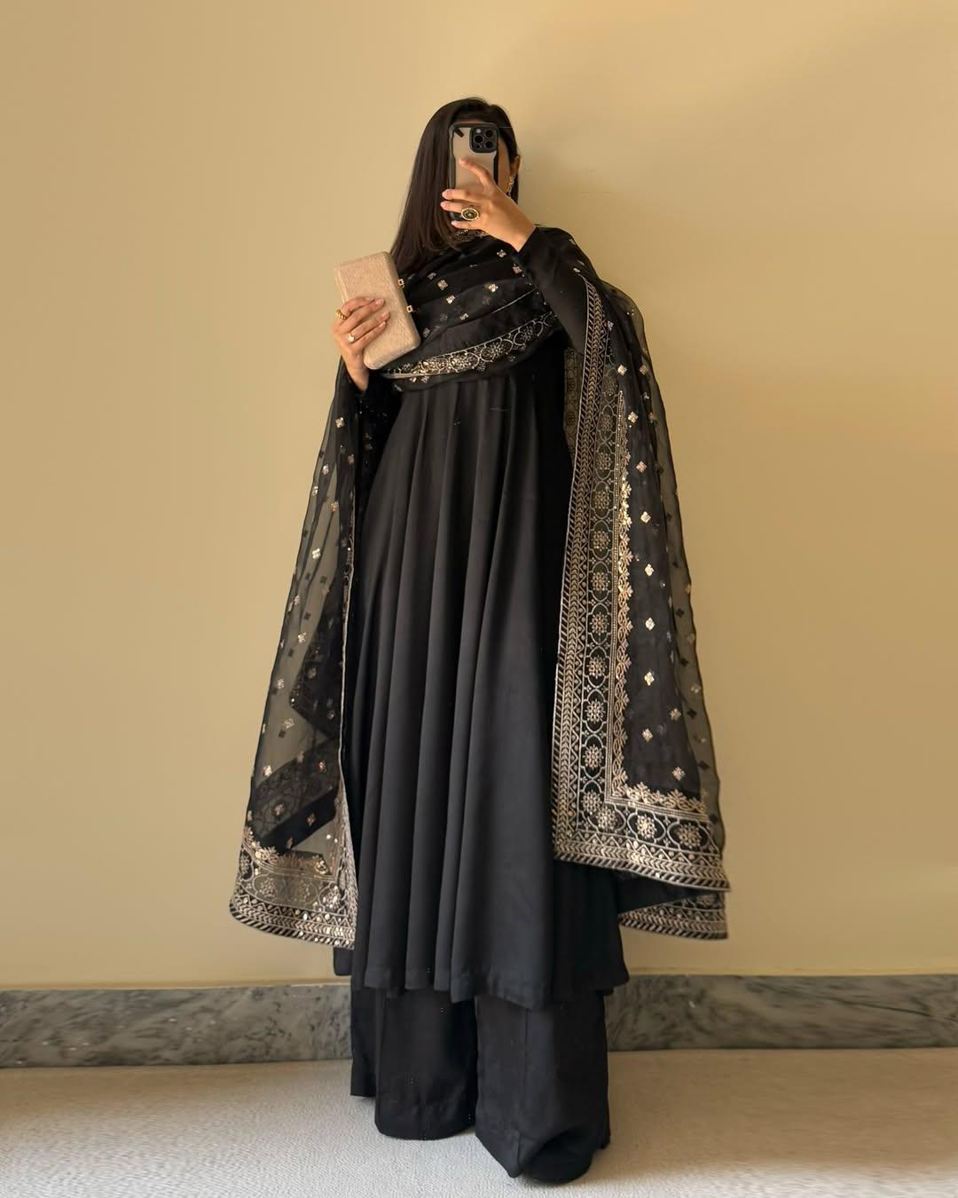 Wedding & Party Wear Georgette Black Color Gown