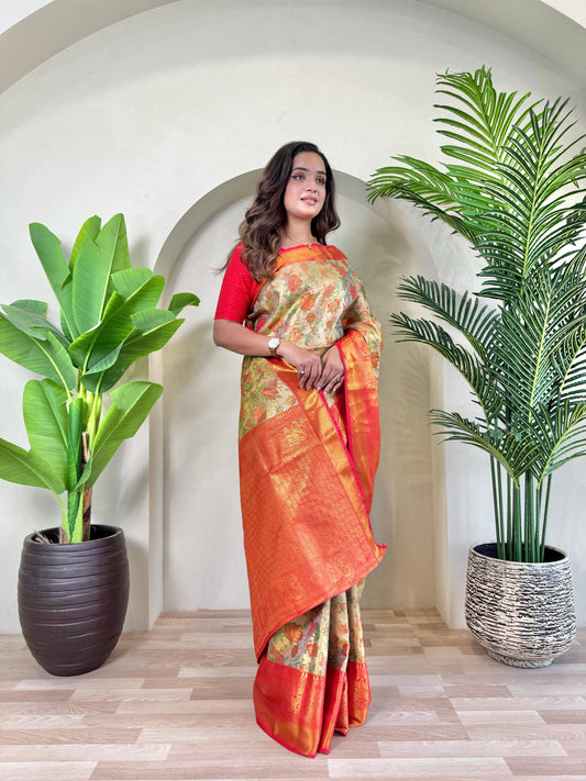 Demanding Kanchipuram Orange Color Saree
