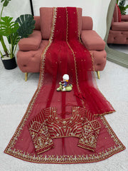 Stylish Work Red Color Drape Double Pallu Saree