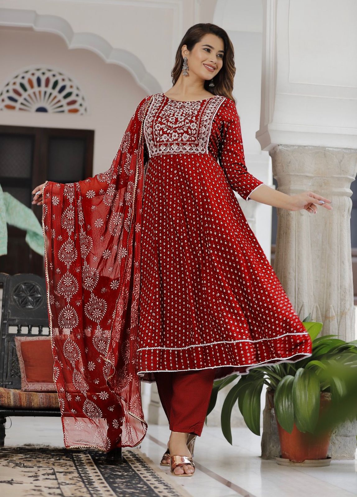 Fantastic Embroidery With Foil Print Maroon Color Anarkali Suit