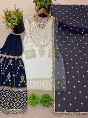 Exclusive Heavy Work White Color Suit Navy Blue Sharara