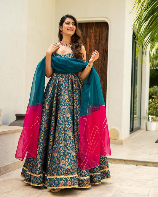 Lovely Teal Blue Organza Digital Printed Gown