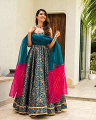 Lovely Teal Blue Organza Digital Printed Gown