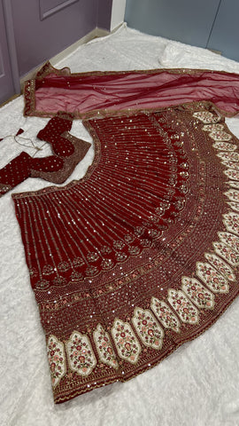 Red Color Bridal Wear Dori With Thread Work Lehenga Choli