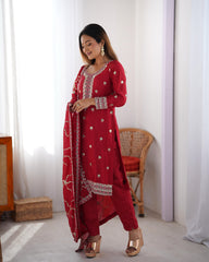 Wonderful Chinon Silk Red Color Salwar Suit