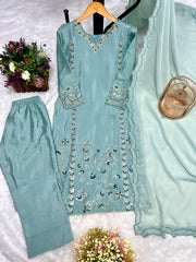 Preferable Thread And Sequence Work Teal Blue Color Salwar suit