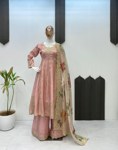 Alluring Pink Chinon Sequence Work Palazzo Suit