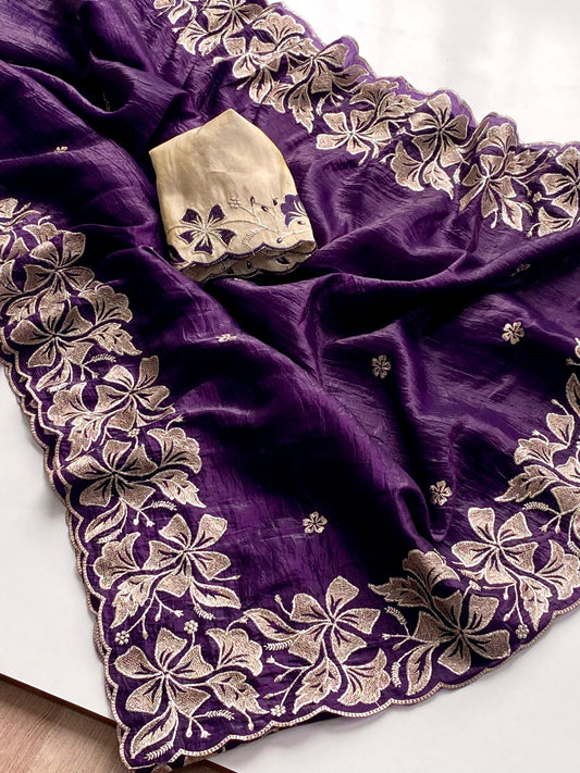 Festive Wear Purple Color Flower Embroidery Silk Saree