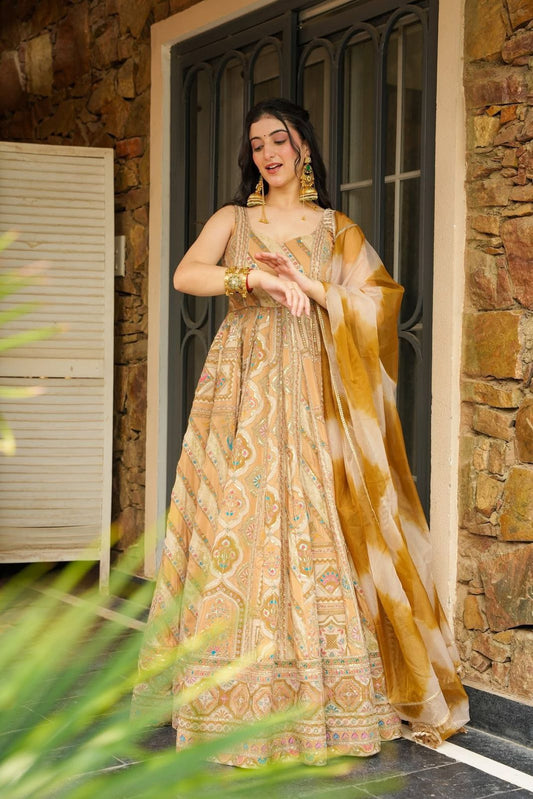 Trendy Peach Organza Digital Print Gown