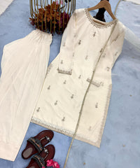 Attractive Embroidery Work Cream Color Palazzo Suit