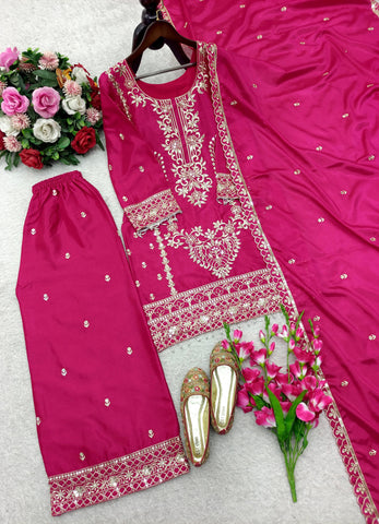 Admiring Pink Chinon Silk Embroidery Work Palazzo Suit