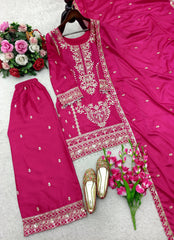 Admiring Pink Chinon Silk Embroidery Work Palazzo Suit