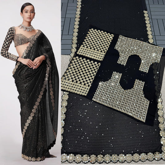 Fantastic Georgette Original Mirror Black Color Saree