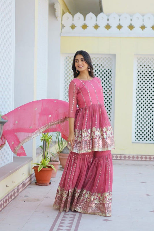 Graceful Sequence Work Pink Color Sharara Suit