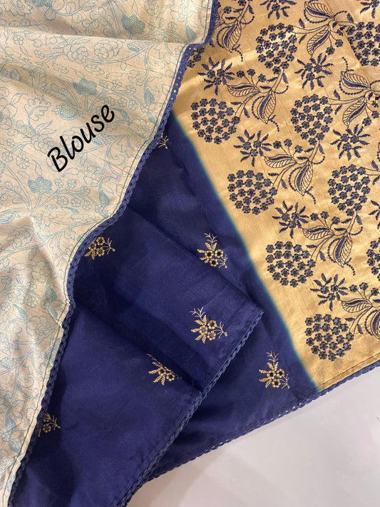 Precious Embroidery Design Blue Color Sarees