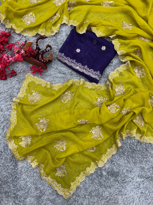 Amazing Soft Crunchy Lemon Green Color Saree